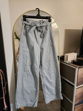 Light Blue Green High-Waisted Paperbag Waist Wide Leg Pants